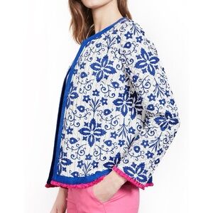 BODEN Floral Ariana Quilted Jacket Fringe Trim Open Front Blue White Pink 6